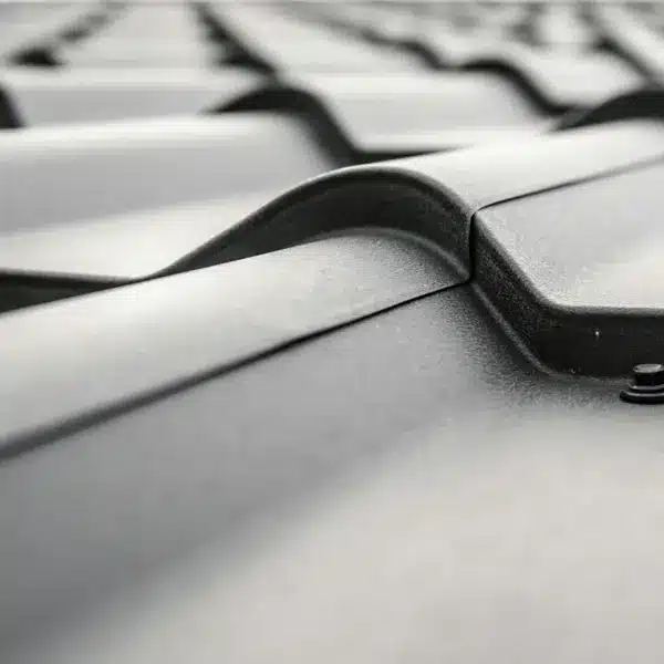 Close-up view of hurricane-resistant metal roof panels with interlocking seams for improved wind resistance.