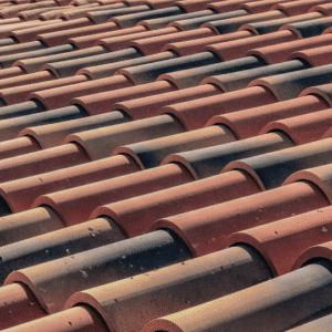 a close-up of a sun-exposed terracotta tile roof showing signs of discoloration and fading, illustrating the impact of UV exposure and the importance of regular inspections to prevent material degradation.