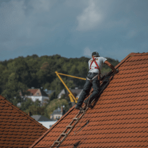 A roofer reinforcing a hurricane-resistant roof to withstand extreme weather conditions.