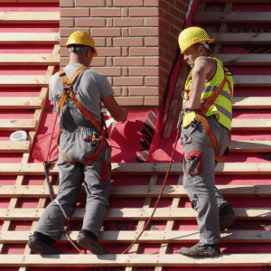 Two construction workers installing a commercial roof with safety equipment, illustrating the role of expert guidance in proper installation.