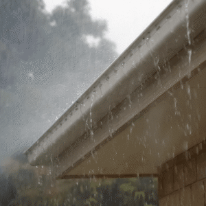 heavy rain streaming off a metal roof gutter, illustrating the potential for leaks and water damage if the roof isn’t maintained properly.