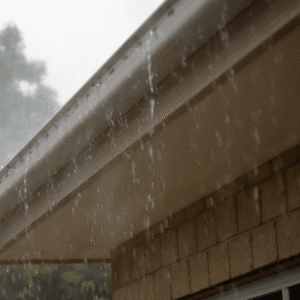 Rainwater pouring off a well-maintained gutter system, demonstrating proper water management for roof longevity.