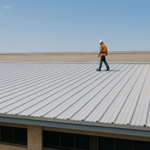 wide view of a commercial building with a large metal roof being inspected by a professional roofer to illustrate iron roof repair insights for building managers