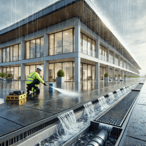 technician cleaning a commercial flat roof drainage system during rainfall to prevent water buildup and ensure long-term efficiency