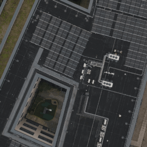 aerial view of a commercial flat roof with hvac units and subtle angled structures guiding water away from equipment