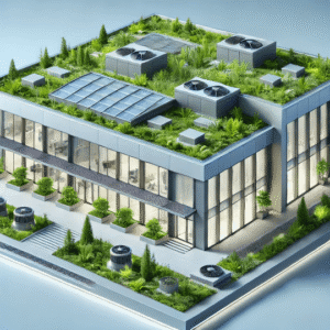 rendering of a modern flat roof with green vegetation, solar panels, and integrated drainage systems representing sustainable water management