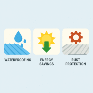flat illustration showing waterproofing, energy savings, and rust protection benefits of metal roof coatings