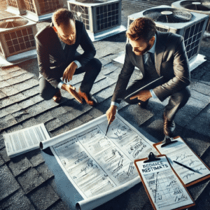 a business owner and contractor reviewing damage estimates on a flat roof with light storm damage, using documents and digital tools to plan a strong insurance claim strategy