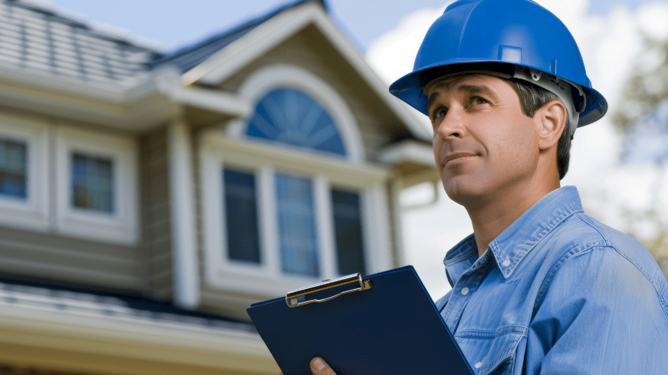 roofing professional conducting a thorough inspection in front of a commercial property, representing reliable roof replacement financing options that save businesses money.
