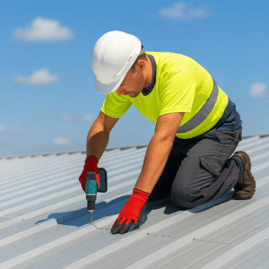 roofer performing a small timely repair on a clean steel roof illustrating the importance of smart repair timing