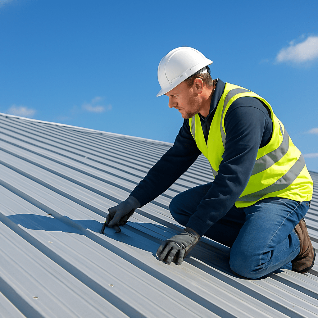 professional roofer inspecting a large steel roof under a bright blue sky to illustrate steel roof repair guide