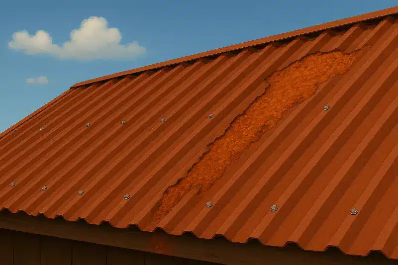 a realistic illustration of a rusted metal roof showing a large flaky patch of corrosion, highlighting the damage that can occur over time from exposure to the elements