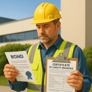 a construction worker in safety gear holding a bond certificate and an insurance form outside a commercial building, representing how to confirm a roofer’s credentials beyond licensing in Florida