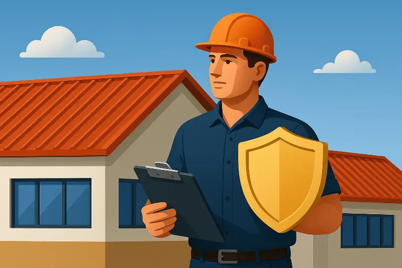 a 3d-rendered flat-shaded illustration of a roofing contractor holding a clipboard and shield, standing in front of a commercial building with a red metal roof under a clear sky