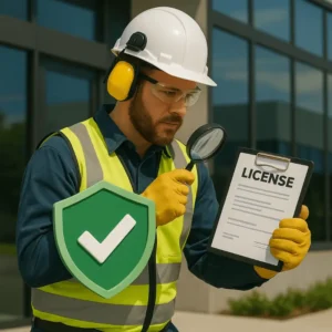 a construction worker in safety gear examining a contractor license with a magnifying glass and holding a green shield with a checkmark, representing the importance of verifying roofing credentials in Florida